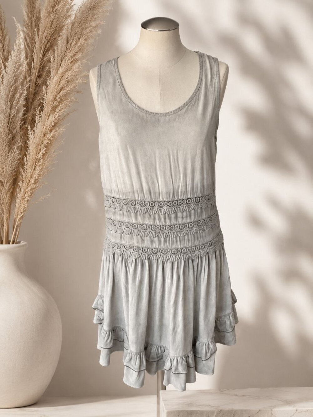Altar’d State Gray Sleeveless Ruffle Hem Dress Small Boho Lace Detail